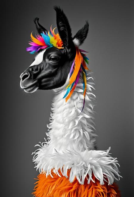A captivating black and white fashion photograph presents a distinctive half-bust profile of a male humanoid llama. His fur is artfully adorned with long strips of vivid, multicolored paper, creating an artistic and whimsical aesthetic. His eyes are closed, and he dons a comfortable orange turtleneck sweater. The wind delicately lifts the ribbons covering his face, incorporating an element of movement and dynamism into the image. The combination of fashion photography and surrealism creates an atmosphere that defies conventional norms, commanding the viewer's attention.