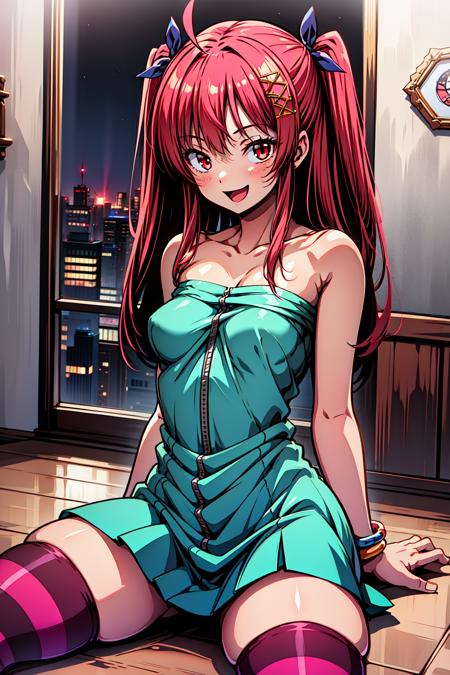 1girl, Abandoned building, peeling wallpaper, broken windows, dusty floors, eerie atmosphere, cowboy shot, sitting, smile, open mouth, looking at viewer, (night:1.2),
hino_yachika, red eyes, red hair, long hair, two side up, ahoge, hair ribbon, hair ornament, bracelet, strapless dress, striped thighhighs, zettai ryouiki, <lora:hino_yachika_lora_ver1:0.7>, best quality, masterpiece, highres, <lora:GoodHands-vanilla:1>