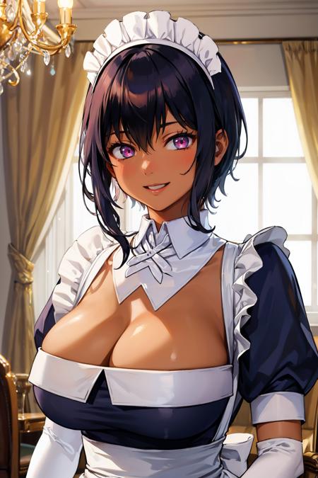 masterpiece, best quality, <lora:maidlilith-nvwls-v1-000009:0.9> defLilith, dark skin, maid headdress, detached collar, maid dress, cleavage, short sleeves, white elbow gloves, apron, huge breasts, smile, looking at viewer, upper body, mansion, indoors, portrait, chandelier