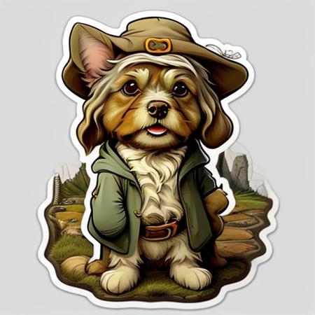 <lora:stickers:1> cute cartoon sticker of an dog cosplaying as bilbo baggins