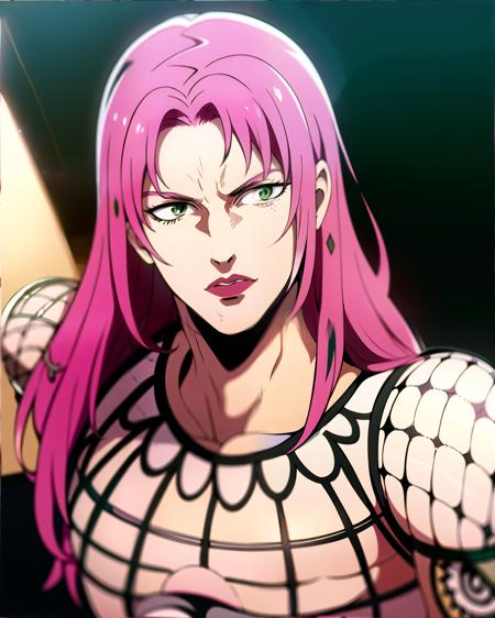 (8k, best quality, masterpiece:1.2), (finely detailed), diavolojojo, solo, 1boy, green eyes, pink hair, solo, fishnet top, tattoo, masterpiece, best quality, ultra-detailed detailed, detailed digital artwork, hi res,  detailed background, photo background, <lora:diavolo-7:1>