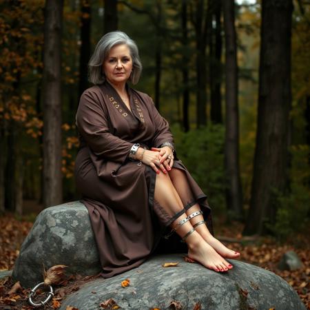 there is a woman sitting on a stone in the woods, robes with golden characters, barefoot, outdoors business portrait, lush forest in background, 
metal cuffs are locked on her ankles and chained to a tree
 inspired by Grethe Jürgens, sexy pudica pose gesture, disrobed, during autumn, relaxing after a hard day, older woman, fullbody photo, by Rajmund Kanelba, reclining, plus size woman