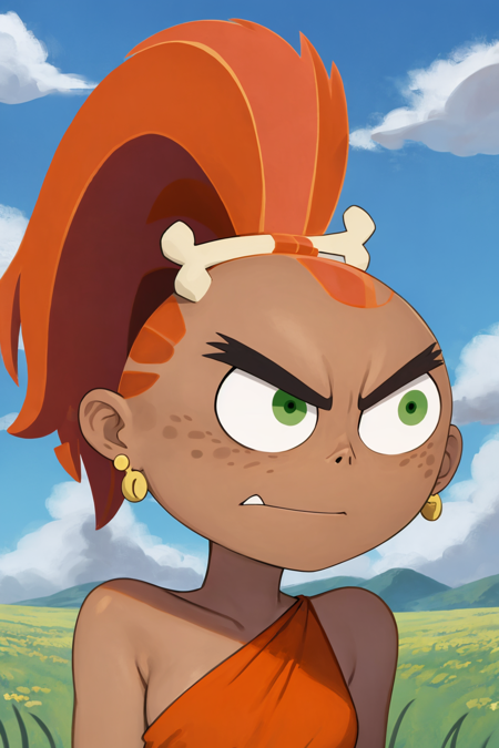 masterpiece, best quality,
1girl, davefang, orange hair, ponytail, green eyes, dress, dark skin, earrings, parody, cartoon,
upper body, closed mouth, solo, looking at viewer, grass, blue sky, meadow background  <lora:Fang:1>