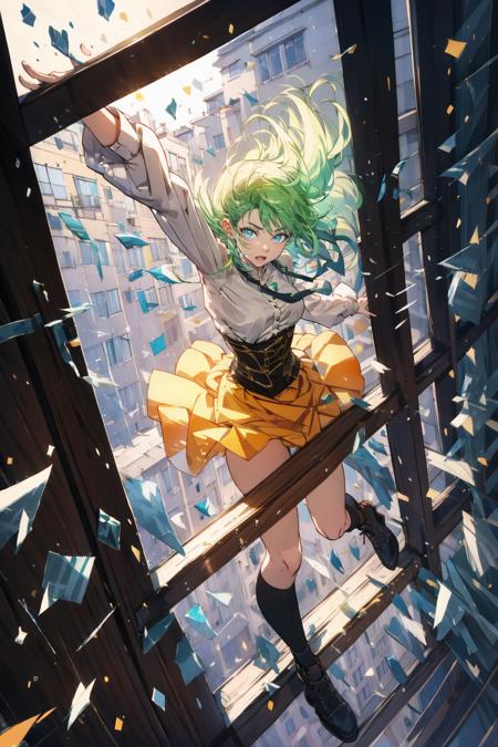 <lora:tiao1:0.8>,1girl,solo,skirt,broken glass,long hair,glass,building,shirt,black footwear,long sleeves,shoes,window,socks,falling,aqua hair,outstretched arms,shards,looking at viewer,city,orange skirt,corset,open mouth,floating hair,green hair,wind,midair,debris,blue eyes,lips,full body,breasts,skyscraper,day,white shirt,jumping,outdoors,cityscape,, masterpiece,best quality,highres,8k uhd,