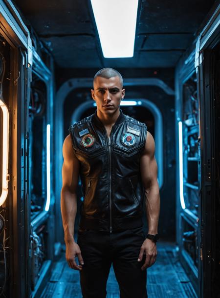 handsome,male,Lebanese,Mexican,buzz cut,27 years old,changing clothes,indoors,desolate spaceship,science fiction,realistic photograph,cinematic_lighting,night,
