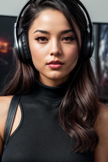 photo of extremely sexy (v4lkyr4e:0.99), a woman as a movie star, modelshoot style, (extremely detailed CG unity 8k wallpaper), photo of the most beautiful artwork in the world, professional majestic oil painting by Ed Blinkey, Atey Ghailan, Studio Ghibli, by Jeremy Mann, Greg Manchess, Antonio Moro, trending on ArtStation, trending on CGSociety, Intricate, High Detail, Sharp focus, dramatic, photorealistic painting art by midjourney and greg rutkowski, (tight turtleneck top:1.2), ((headphones)), (sitting on a gaming chair), ((in a gaming area)), ((consoles and videogames in background)), (looking at viewer:1.2), (detailed pupils:1.3), ((closeup portrait:1.1)), (painted lips), (eyeliner), (makeup)
