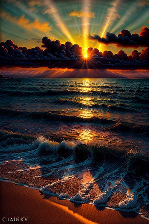 Dramatic clouds rolling in from the sea, casting shadows over a beach at sunrise, vibrant hues of orange painting the sky, hyperrealistic landscape, cinematic lighting, detailed textures, masterpiece digital painting by Ivan Aivazovsky and Claude Monet, 8k resolution, tranquil atmosphere, beautiful scenery.