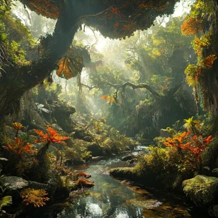 a realistic dense, prehistoric jungle teeming with life, where towering trees with gnarled trunks and oversized leaves create a lush canopy overhead. Shafts of sunlight illuminate patches of colourful plants and lichen. Strange creatures can be seen flitting between the branches. A stream winds through the jungle, its waters reflecting the rich vibrant colours of this amazing jungle