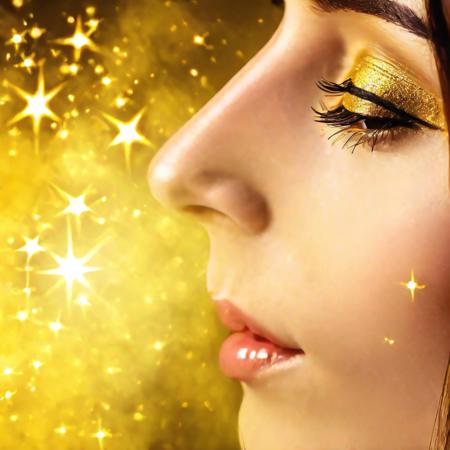 Black to yellow gradient background, isometric view, (close-up:2.0) female nose, purpure fog, golden frame, golden stars, magic, casting spell