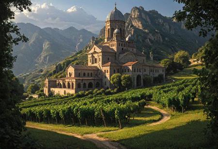 Epic landscape, exceptional quality, masterpiece, extremely detailed, professional art, professional painting, extremely delicate and beautiful, dynamic, superb lighting, perfect shading, professional shading, depth of field, soft sidelight, elegant, magnificent, highly detailed, long shot, uncropped, pure genius, absolutely perfect, breathtaking,
Steel Vine Monastery