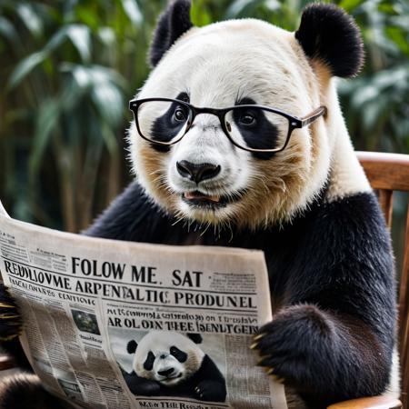 pov, ( Panda wearing glasses), (no humans),The pannda sat reading the newspaper with its eyes on,  text on paper "follow me", majestic, focused, profound, sharp, amber, intelligent, powerful, gentle, elegant, arched, leisurely, majestic, powerful, extremly detailed