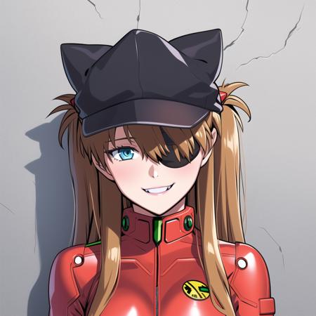 1girl souryuu asuka langley solo long hair plugsuit hat jacket eyepatch mouth hold looking at viewer black headwear track jacket blue eyes bodysuit red jacket animal hat very long hair long sleeves hair between eyes bodysuit under clothes red bodysuit cowboy shot cat hat green eyes bangs gloves breasts button badge badge closed mouth smile <lora:TekuhoUlt_v1:0.8> best quality