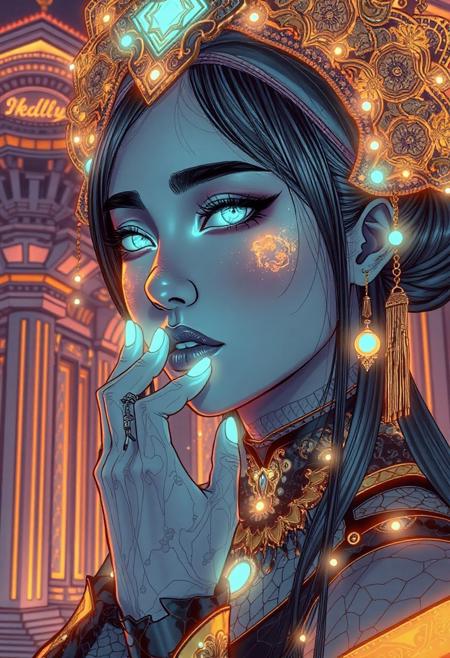 A highly detailed, intricate line-art illustration in the style of olivia berardinis. Detailed hyper realism in the visible body parts (face, hands, legs).
3D rendering, face close-up, CG high model, Elegant [goth ] with bioluminescent glowing makeup and a holographic asian headdress, in a [teal and gold] cyberpunk aesthetic, dark fantasy, anime-style, illuminated by soft lighting
, acrylic painting in style Adam Hughes.
The composition features mesmerizing line work, fine architectural detailing in the background, and a play of light and shadow through intricate hatching. The overall aesthetic is serene, introspective, and dreamlike, blending realism with a highly structured, almost meditative pattern-based design.