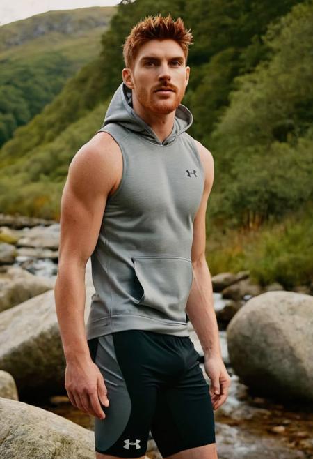 photo of Gwilym Lee a man <lora:ken-bek_Gwilym-Lee:1>, wearing a sleeveless well-fitted under armour hoodie and compression shorts, standing on a boulder, outdoor trail, 35mm photograph, film, bokeh, professional, 4k, highly detailed, creek in the background, natural lighting, golden hour