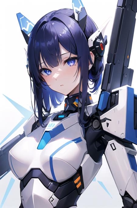 (pixiv best), (best quality), (extremly deatiled:1.3), [(white background:1.3)::5] hexagon, delicate, (detailed face:1.3), (1girl:1.2), epic, lights, stars, (mecha suit), mecha girl,  deep purple eyes, (epic eyes:1.45), faded dark blue wild hair, long bangs,