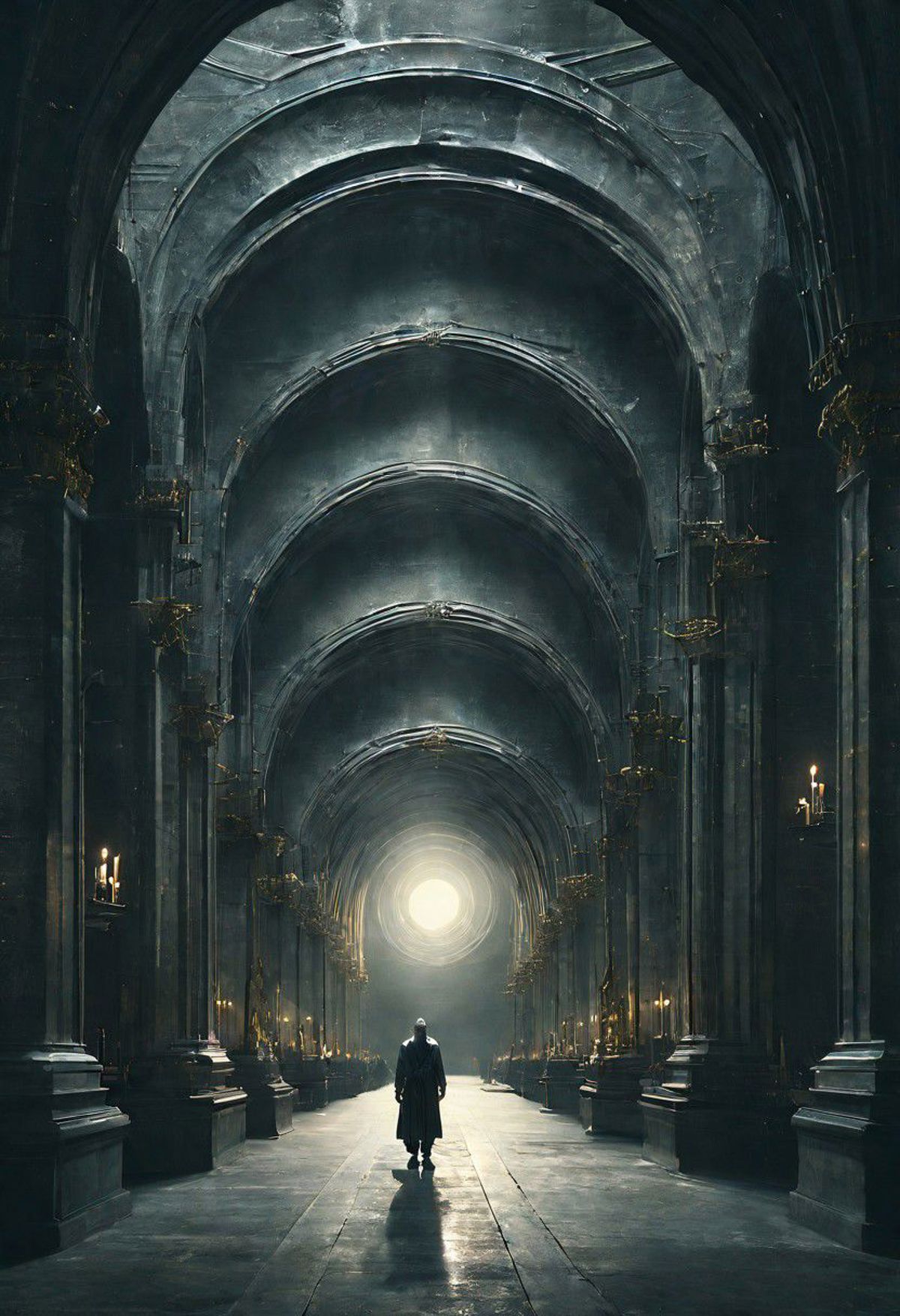 A man walking through a dimly lit, cathedral-like building with arched ceilings and multiple pillars.