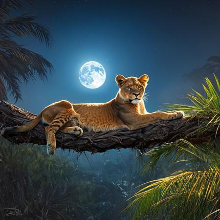 lion cub lying on a tree branch
double exposure, 
palm trees, 
fog, 
beautiful night landscape with a full moon, 
concept art in a surreal and fantasy setting, 
combining the artistic styles of Jose Royo, 
Boris Vallejo, 
with high detail, 
hyperrealism. The 8k image, 
created in the impressionist style influenced by the works of Carne Griffiths, 
Russ Mills, 
Mark Demsteder, 
Andreas Lee, 
Vadim Kashin, 
Degas, 
Monet, 
is distinguished by the precision and beauty of anatomy, 
symmetrical composition in the center, 
three-dimensional lighting, 
rays, 
bright color reflections., 
clarity, 
the best result in the field of visualization, 
the best result in the field of a very beautiful face, 
Gothic style. style, 
shades, 
divine presence, 
cinematic quality, 
clear focus, 
studio shooting, 
16K UHD resolution, 
masterpiece ultrarealism, 
masterpiece detail, 
dynamic composition, 
hyperrealism, 
masterpiece hyperrealism