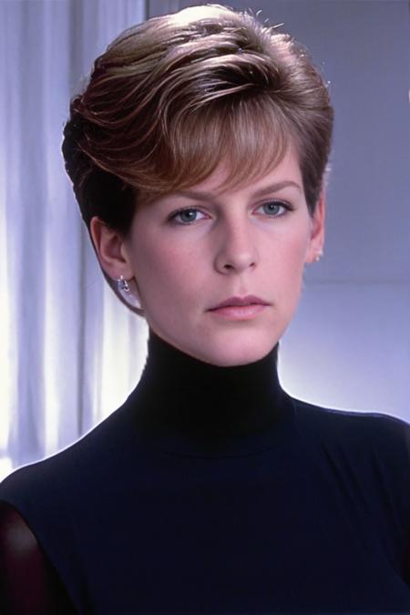 close-up shot, head shot alluring  Jamie_lee_curtis woman scene, actress , ,pants, sheer black dress, 1985, great lighting, <lora:jamie_lee_curtis-000007:0.7>  turtle neck sweeter in movie trading places