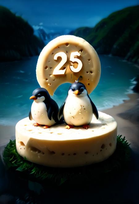 Cheese style, FOTOREALISTIC, score_9, score_8_up, score_7_up, score_6_up, score_5_up, UHD, 8K, masterpiece, ultra-realistic, Ultra detailed photorealistic background, photoreal, two penguins on an Island, ("25 DEALS" text logo:2)