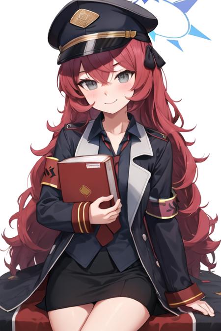 best quality, masterpiece, highres, solo, {iroha_bluearchive:1.15}, long_hair, red_hair, halo, bangs, blush, hat, hair_between_eyes, peaked_cap, black_headwear, grey_eyes, military_hat, necktie, red_necktie, smile, very_long_hair, 1girl, black_shirt, book, holding, holding_book, jacket, long_sleeves, looking_at_viewer, military, military_uniform, shirt, uniform, armband, collared_shirt, open_clothes, safety_pin, simple_background, skirt, closed_mouth, military_jacket, white_background, black_jacket, black_skirt, collarbone