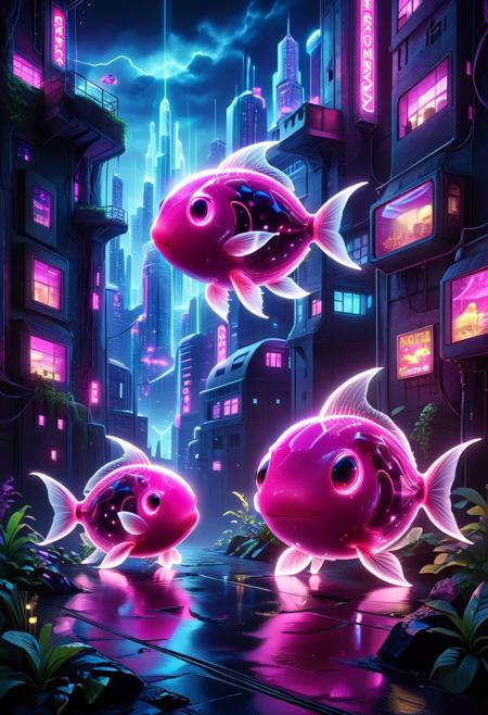 cyberpunk cityscape Glowing blob-fish, pink color. To look into its eyes is to peer into a distant abyss. 
neon lights, dark alleys, skyscrapers, futuristic, vibrant colors, high contrast, 
cyberpunk, dark, erotica, horror, monochromatic, organic, painting, robots-cyborgs, science-fiction, surreal, 
concept-art, adventure, characters, fantasy, whimsy, dreaminess, colorful, digital, illustration, magic, 
beautiful, painterly, detailed, textural, artistic, aesthetic, rich details, 
intricate details, highly detailed, ultra-detailed, absurdres, vivid, vibrant, volumetric lighting, 
made of l1qu1dp34rl, metal, pearlescent, 
aid291, midjourneyv6.1, ais-blmn, glowneon, glowing, sparks, lightning