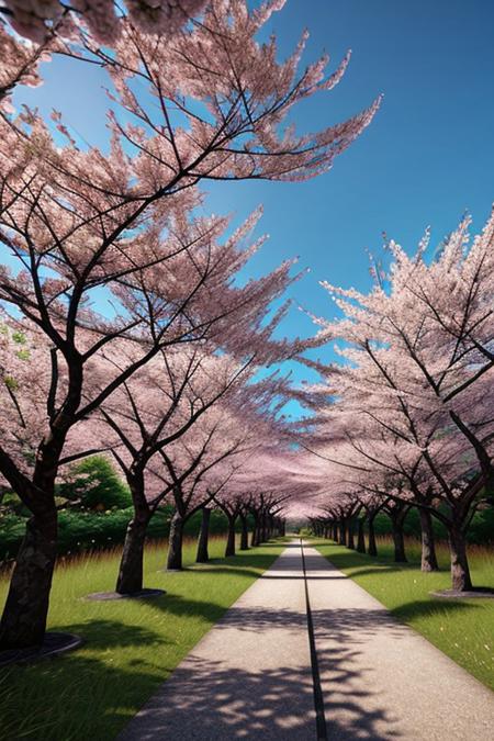 Cherry blossom forest, a path covered by cherry blossoms leading to the distance, pink color, HD photography, ultra-high resolution, high details, pink color scheme, rendered in the style of Unreal Engine, Fantasy Engine, Octane rendering, natural lighting, bright, distant view, depth of field.