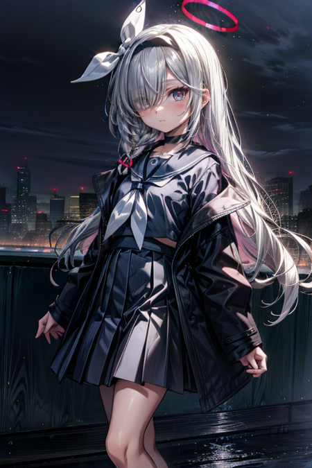 1girl,hairband,long hair,halo,solo,hair over one eye,white hair,braid,choker,school uniform,blush,very long hair,sailor collar,long sleeves,serafuku,skirt,ribbon,grey eyes,neckerchief,black choker,closed mouth,ribbon,pleated skirt,black skirt,black serafuku,jacket,single braid,shirt,eyes visible through hair,bow hairband,grey eyes,hair ribbon,black jacket,black shirt,grey hair,black hairband,small breasts,shoes