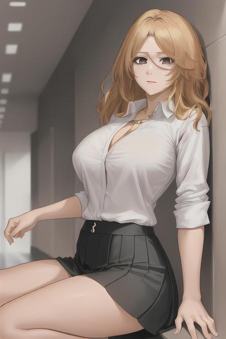 rangiku, solo, deep gray eyes, white shirt, short gray skirt, from side, ((pantyshot)), school hallway, <lora:rangiku-b-20:1>, masterpiece, detailed, intricate details