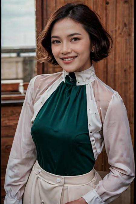 analog film photo solo, realistic, ((indonesian woman)), (((black hair, The Power Bob Hairstyle))), (((grin512))), (((Elegant high-neck blouses))), ((farmstead)), ((from side)), high detailed, 8k, clear facial features, <lora:PAseer-SD15-LCM Quick:1> <lora:ReaLora:.2> skin <lora:[ID]_-_Mahalini_Raharja:1> mahalini <lora:RStyle_-_Photography_Style:.4> rstyle    . faded film, desaturated, 35mm photo, grainy, vignette, vintage, Kodachrome, Lomography, stained, highly detailed, found footage