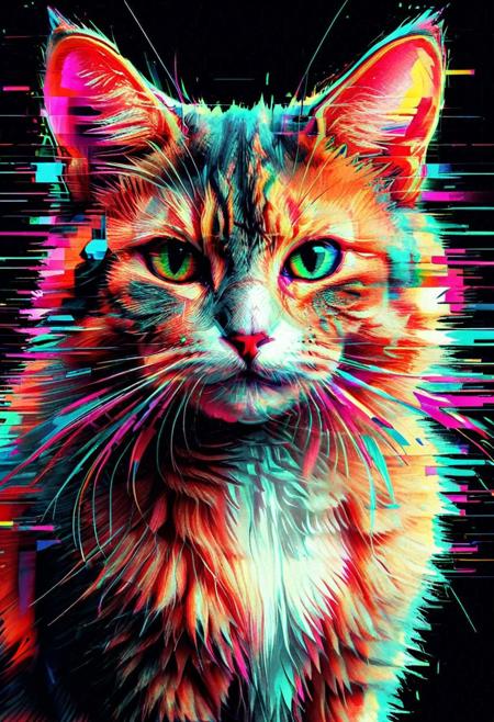 a glitch art style cat, flickering, digital, glitch style, colorful, distorted, abstract shapes, futuristic, high detail, sharp focus
