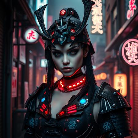  A photorealistic full-body vertical portrait of a fierce goth vampire samurai girl with pale skin and sharp, aggressive features, set in a dystopian Neo-Tokyo inspired by Blade Runner. She has intense goth makeup with heavy black eyeliner and dark eyeshadow, and a cold, defiant gaze. Her mengu mask is gothic and futuristic, with skull motifs, spiked edges, and glowing engravings in neon red and electric blue. Her samurai armor blends tribal and cyberpunk influences: black carbon fiber plates, crimson LED accents, turquoise circuitry, and angular, tech-enhanced design elements. She stands confidently in a rain-slick neon-lit alley, surrounded by holograms, mist, and glowing kanji signage. The atmosphere is dark, cinematic, grainy like 16mm film, and full of cyberpunk tension. No text or letters appear in the image.   The atmosphere is moody and cinematic, with soft bokeh, dramatic lighting, and a grainy 16mm film look. Highly detailed, rich in emo and goth influence, with no text or letters in the image.

Simulating Kodak Ektacolor Pro 160, with a custom white balance at 5500K. cinematic lighting, analog film, film grain, kodak chrome, cool cinematic tones,high contrast, sharp details, with moody lighting that adds depth,. (cinematic atmosphere:1.3), deep photo, depth of field, (black hair)), , (ambient occlusion), (cinematic lighting:1.3), (4K image quality:1.3), (sharp detail:1.3), (highly realistic:1.3), (dim warm cinematic lighting:1.3)
