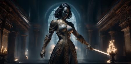 fighting stance, action, 1girl, mature female, medium breasts, ornate clothes, breastless clothes, nipples, horror \(theme\), architecture, brutalism, (Masterpiece, Best Quality, High Quality, Highres:1.4), Detailed, Extremely Detailed, Ambient Soft Lighting, 4K, dim lighting, (silhouette:1.3)