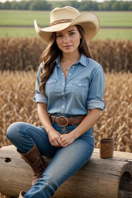 photorealistic, adorable perfect face, all parts perfect anatomy, photorealism, ultrarealistic, 8k quality,
1girl with round breasts <lora:round_breasts-SD-1.0:1> cowgirl, cowboy hat, boots, cornfield, shirt, ((tied shirt)), pose, sitting
 <lora:add_detail:1.2>,<lora:detailed_notrigger:1>