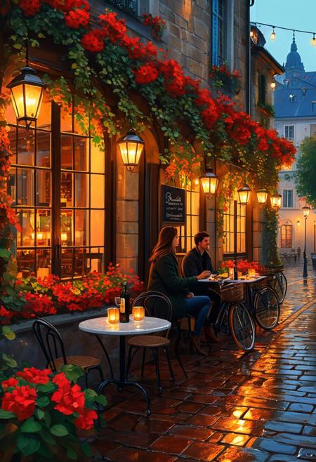 2D digitally drawn illustration, Romantic cozy evening, two people sitting at an outdoor cafe, soft warm lighting from hanging lanterns, lush overhanging red flowers and green vines, European cobblestone street, light rain with reflections on wet ground, detailed, soft shadows, vibrant colors, autumn leaves scattered, bicycle leaning against the wall, detailed textures on the building, atmospheric and intimate, black outlines