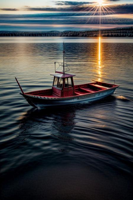 masterpiece, best quality, ultra-detailed, realistic, 8k, RAW photo, distant-view, (fisherman fishing troubles on small boat on lake, small fish were flying on the water around the fisherman:1.37), some lotus flowers, eagle on distant trying to catch the fish, emphasize some little birds flying around, award winning realistic photography, early morning, beautiful clouds, dappled sunlight, scenery photography, perfect shadow, perfect natural lighting, rich colors, perfect composition, intricate details, absurdres, perfect colors, flawless complexion photo, perfect intricate detailed, very aesthetic, surreal, lifelike, real life scenery photo, top quality, trending on artstation, meadows, glitter, prettiest landscape, all kinds of flowers, small flowers field, pine tree, fantastic, stunning, outstanding, early morning, sunrise sky, beautiful clouds, dappled sunlight, breathtaking beautiful nature photo, out-of-this-world scenery, perfect reflection on water, depth of field, fisherman best day, detailerlora,