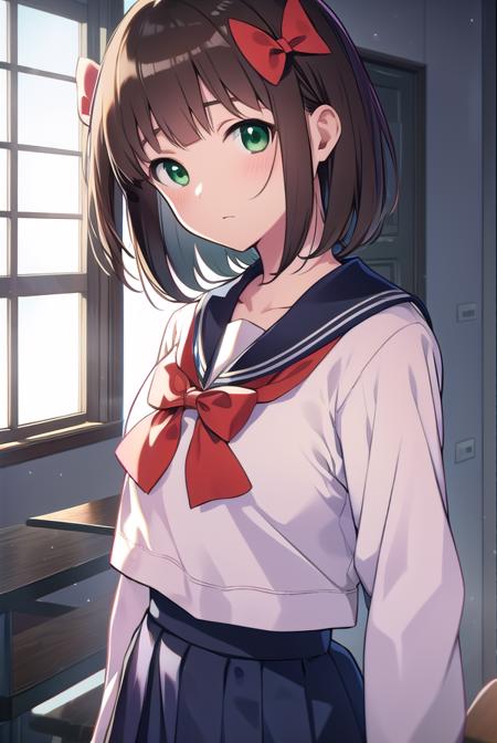 harukaamami, <lora:harukaamamitest:1>,
haruka amami, brown hair, (green eyes:1.5), short hair, (hair bow:1.5), hair ribbon, bangs, blunt bangs, (small breast:1.2),
BREAK bag, bow, school uniform, serafuku, skirt, sweater, long sleeves, red bow, blue skirt, grey sweater,
BREAK looking at viewer,
BREAK indoors, classroom,
BREAK <lora:GoodHands-vanilla:1>, (masterpiece:1.2), best quality, high resolution, unity 8k wallpaper, (illustration:0.8), (beautiful detailed eyes:1.6), extremely detailed face, perfect lighting, extremely detailed CG, (perfect hands, perfect anatomy),