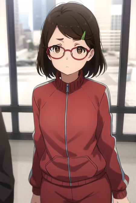 risaaoi, <lora:risa aoi s1-lora-nochekaiser:1>,
risa aoi, short hair, brown hair, hair ornament, (brown eyes:1.5), glasses, hairclip, red-framed eyewear,
BREAK jacket, pants, track jacket, track suit, haori,
BREAK indoors,
BREAK looking at viewer, (cowboy shot:1.5),
BREAK <lyco:GoodHands-beta2:1>, (masterpiece:1.2), best quality, high resolution, unity 8k wallpaper, (illustration:0.8), (beautiful detailed eyes:1.6), extremely detailed face, perfect lighting, extremely detailed CG, (perfect hands, perfect anatomy),