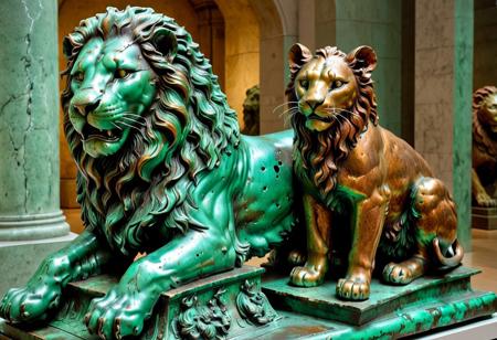 lazypos, patina metal skin, pms style, highly detailed and hyper realistic, Ultrarealistic, sharp focus, dynamic lighting, amazing composition, photorealistic, great composition, best quality, weathered bronze laying lion statue covered in rich green patina, in the museum, brave cute funny red cat sitting on the lion`s back, Style: Photorealistic with cinematic depth