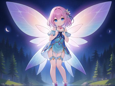 insanely detailed, absurdres, ultra-highres, ultra-detailed, best quality, 1girl, solo, child, (fairy:1.3), nice hands, perfect hands, BREAK, happy smile, laugh, closed mouth, flying, (full body view:1.3), looking at viewer, BREAK, slender, kawaii, perfect symmetrical face, ultra cute girl, ultra cute face, ultra detailed eyes, ultra detailed hair, ultra cute, ultra beautiful, by Canon EOS, SIGMA Art Lens 35mm F1.4, ISO 200 Shutter Speed 2000, BREAK, (night:1.3), dark background, around a lake, fantasy world, <lora:lumi_mixed_strong_v100:1>