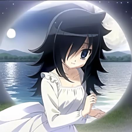 masterpiece, detailed, <lora:tomoko-kuroki:0.9>, (eye under hair:1.2), white dress, floating hairs, outdoor, lake in background, night, moon shine, middle shot