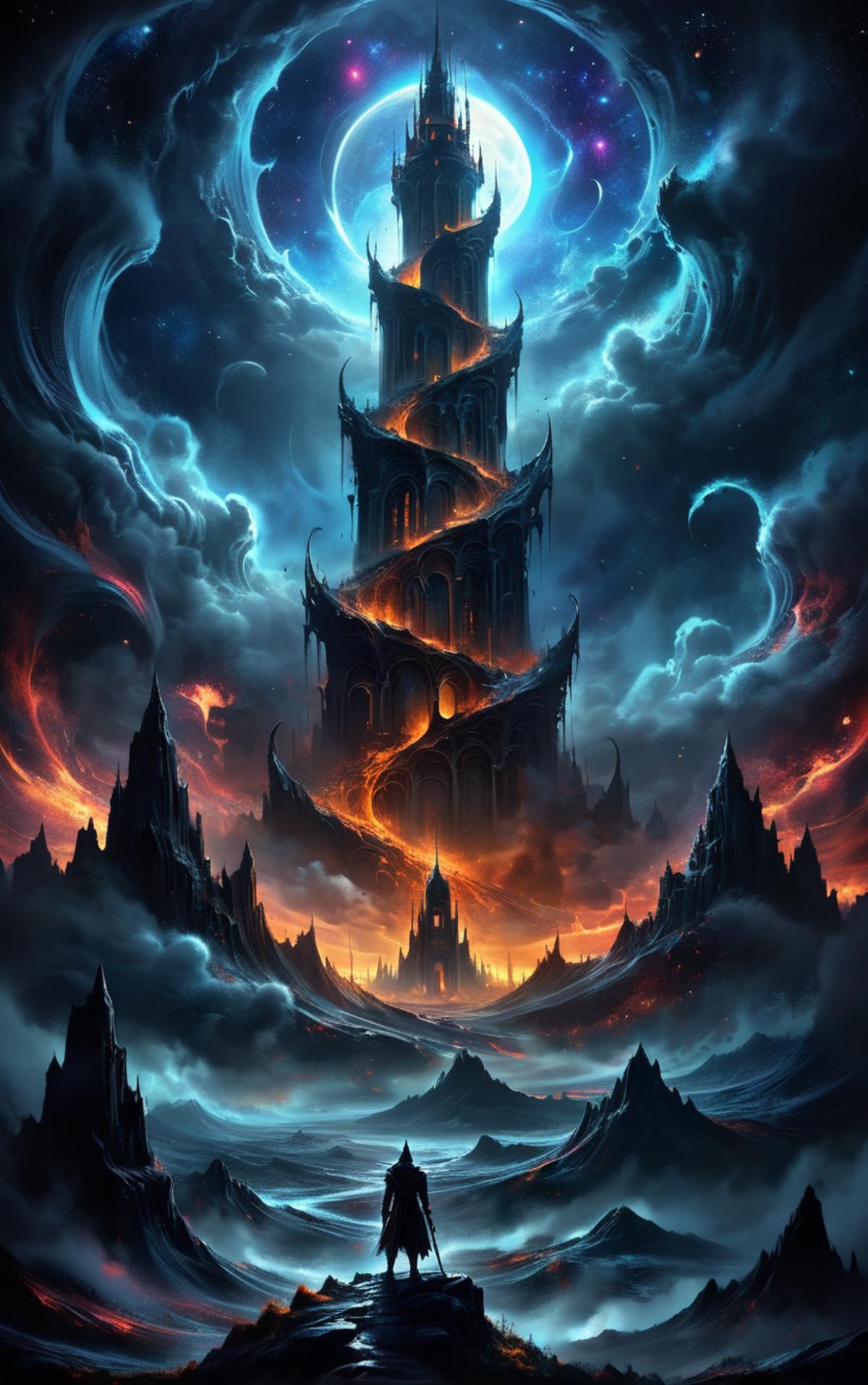 Illustration of a fantasy artwork featuring a large, multi-layered tower with a spiral staircase and a cloudy sky.
