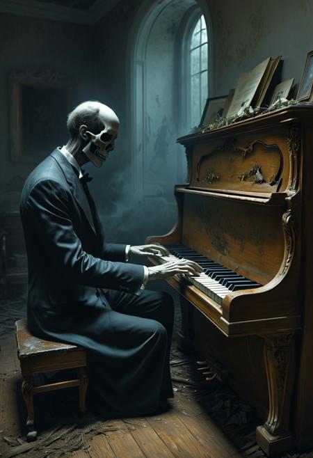 In Greg Rutkowski's eerie artwork, "Sinister," ghostly hands appear to play a decaying piano, emanating a chilling atmosphere. The haunting scene captures the viewer's attention with its ominous presence.