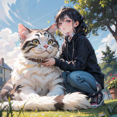 photorealistic,realistic,photography,masterpiece,best quality,ultra-detailed,extremely detailed CG unity 8k wallpaper,1girl,oversized cat,outdoors,on the grassland,<lora:æ¸ç«å¯:0.6>,