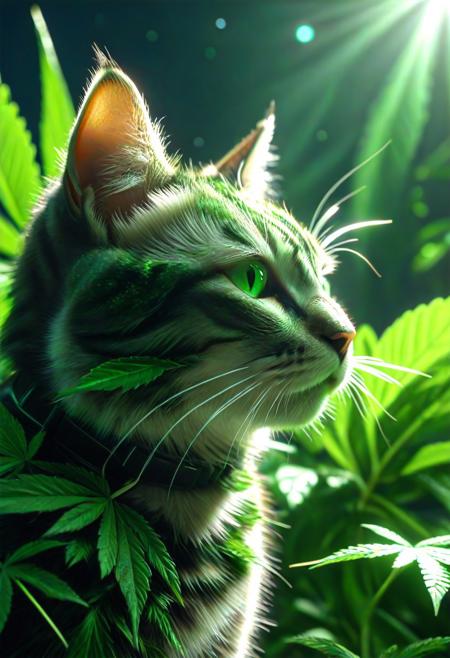 420futurism, closeup shot, from side, cat made of leaves, green leaves, cinematic, cinematic lighting, (masterpiece, best quality:1.4), ultra-high res, 4k, Photorealistic, insanely detailed, sfw,
