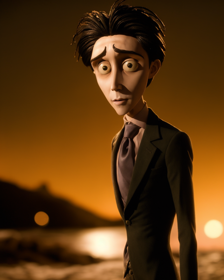 by TimBurton Animation <lora:TimBurton_Animation_offset:1.2>, 1boy, male focus, solo, black hair, necktie, formal, wide-eyed, suit, blurry, upper body, jacket, night, shirt