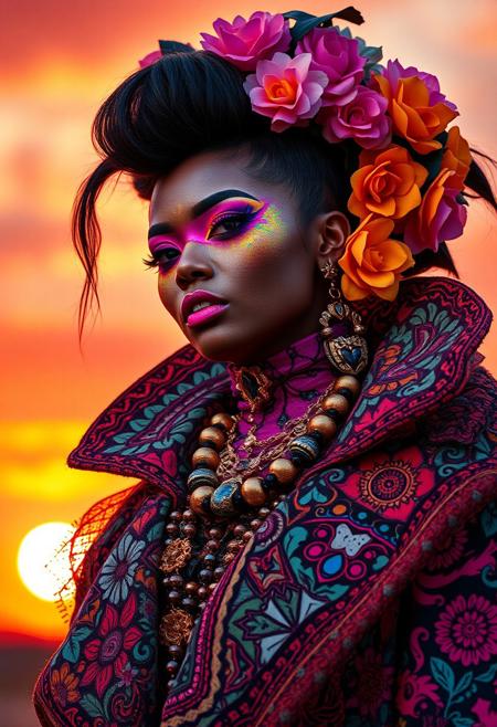 maximalist fashion model, (bold patterns:1.5), layered textures, vibrant neon makeup, eclectic mix of fabrics, oversized accessories, rich, intricate details, exaggerated proportions, (vivid colors:1.4), futuristic and retro elements, (high fashion:1.4), sunset background, artistic streetwear, (opulent jewelry:1.3), dramatic lighting, maximalist aesthetic, abstract floral motifs, avant-garde hairstyle, ornate design, (luxurious textures:1.5), surreal atmosphere, (8k ultra-detailed)
