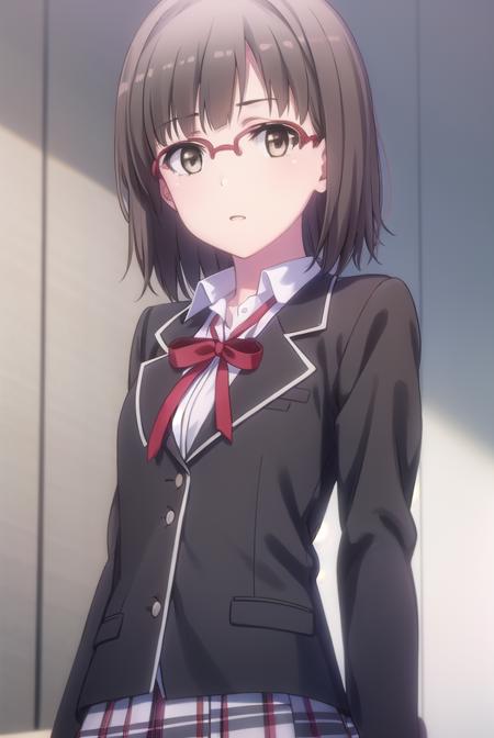 hinaebina, <lora:hina ebina s2-lora-nochekaiser:1>,
hina ebina, short hair, brown hair, black hair, (brown eyes:1.5), glasses,
BREAK skirt, ribbon, school uniform, jacket, black jacket, plaid, plaid skirt, blazer, sobu high school uniform,
BREAK indoors, classroom,
BREAK looking at viewer,
BREAK <lyco:GoodHands-beta2:1>, (masterpiece:1.2), best quality, high resolution, unity 8k wallpaper, (illustration:0.8), (beautiful detailed eyes:1.6), extremely detailed face, perfect lighting, extremely detailed CG, (perfect hands, perfect anatomy),