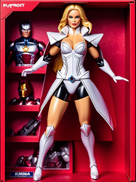 ActionFigureQuiron style, action figure, toy, doll, character print, (best quality:1.15), (masterpiece:1.15), (detailed:1.15), (realistic:1.2), (intricate:1.4), simple background, cover page, card, in a gift box, no humans, (emma frost), gift box, playset, in a box, full body, toy playset pack, in a gift box, premium playset toy box,
<lyco:SDXL1.0_quiron_ActionFigure_v3_lycoris:0.57>