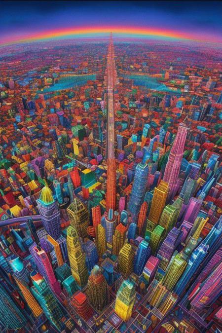 Highly Detailed, Surreal psychedelic city in vibrant rainbow colors, high contrast, vibrant,