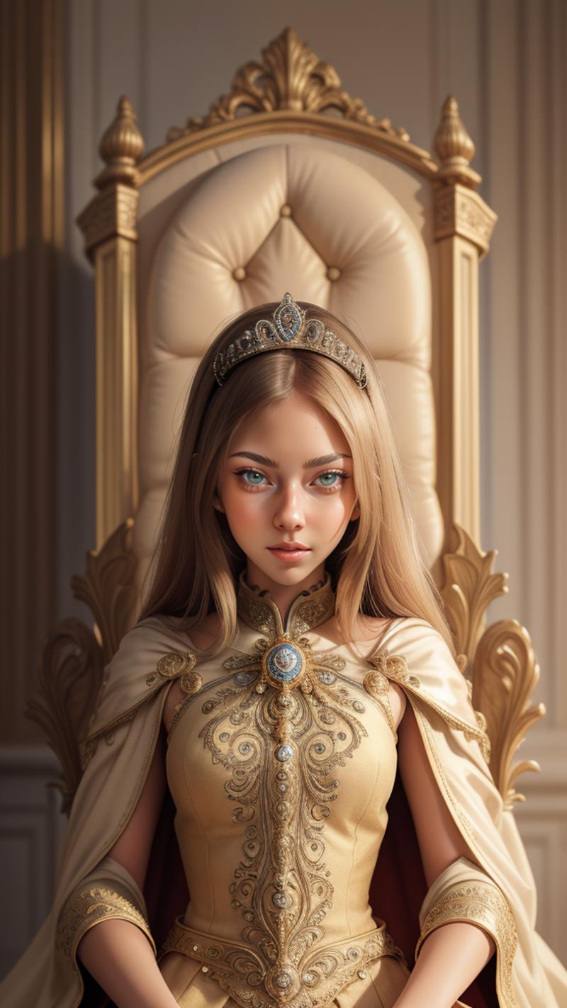 A beautiful princess in a yellow gown sitting on a golden throne.